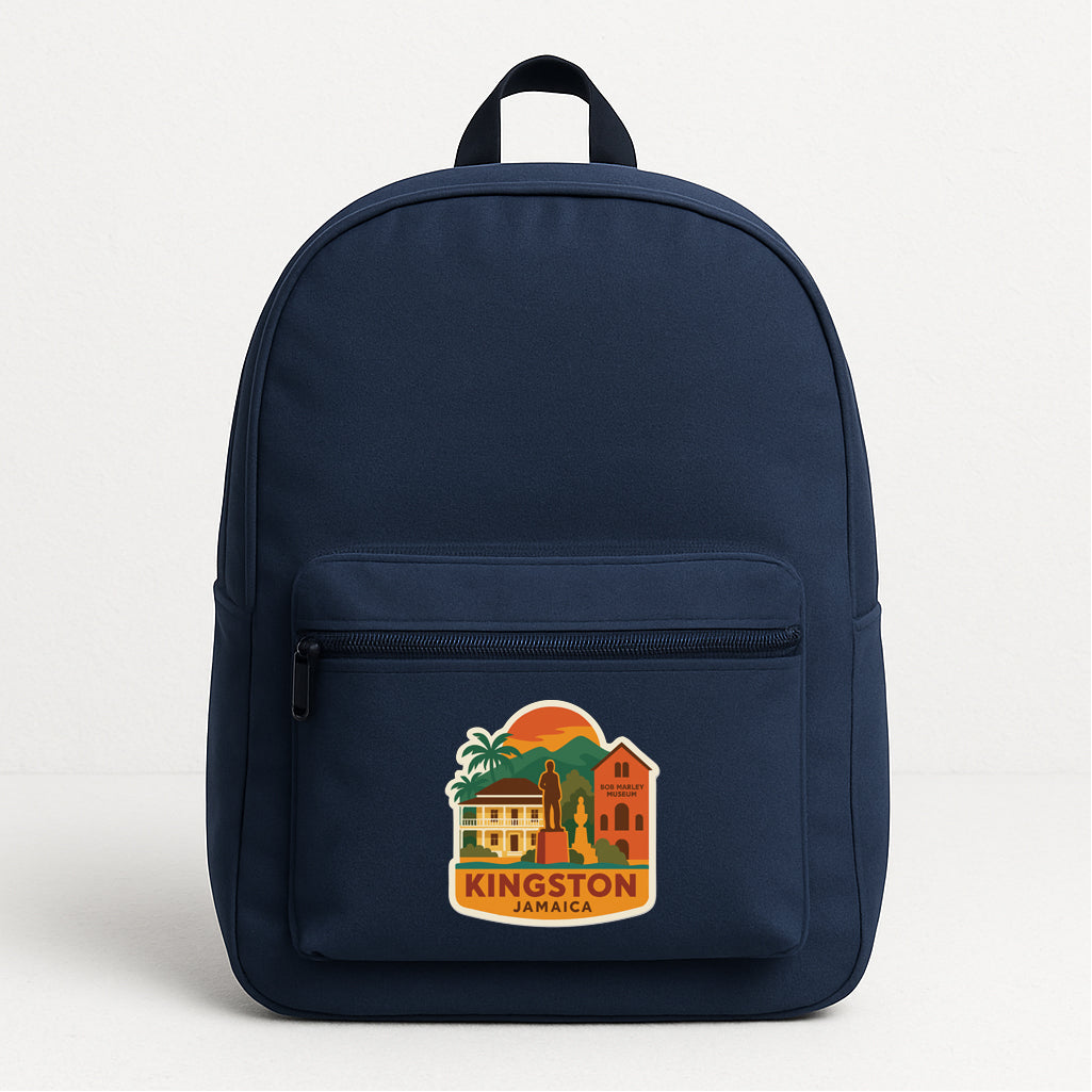 A navy blue backpack with a printed design of Kingston Jamaica on the front pocket.