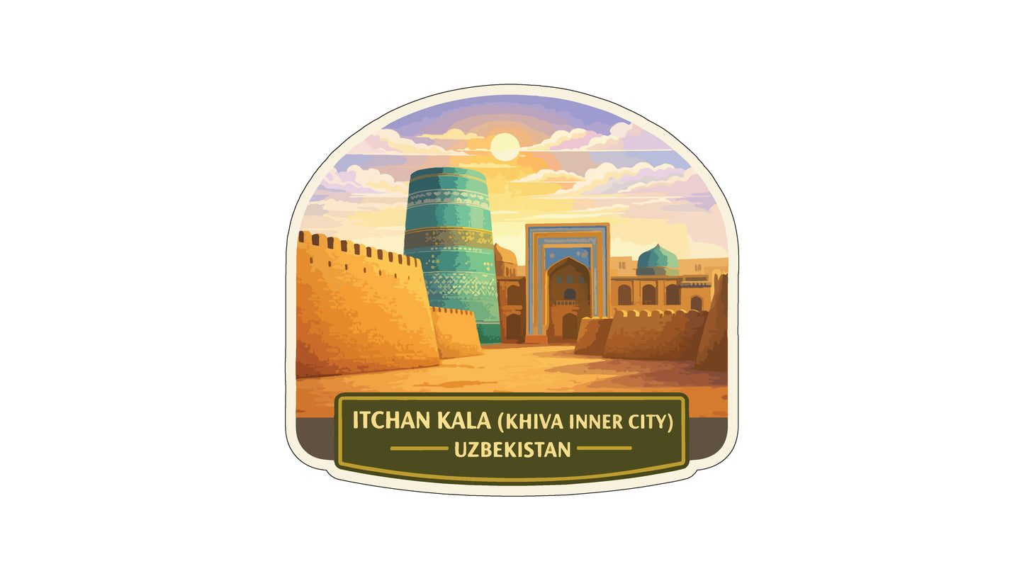 a cityscape with a large tower, a mosque, and a desert landscape. The sky is filled with clouds, and the sun is shining brightly. The city appears to be located in Uzbekistan.