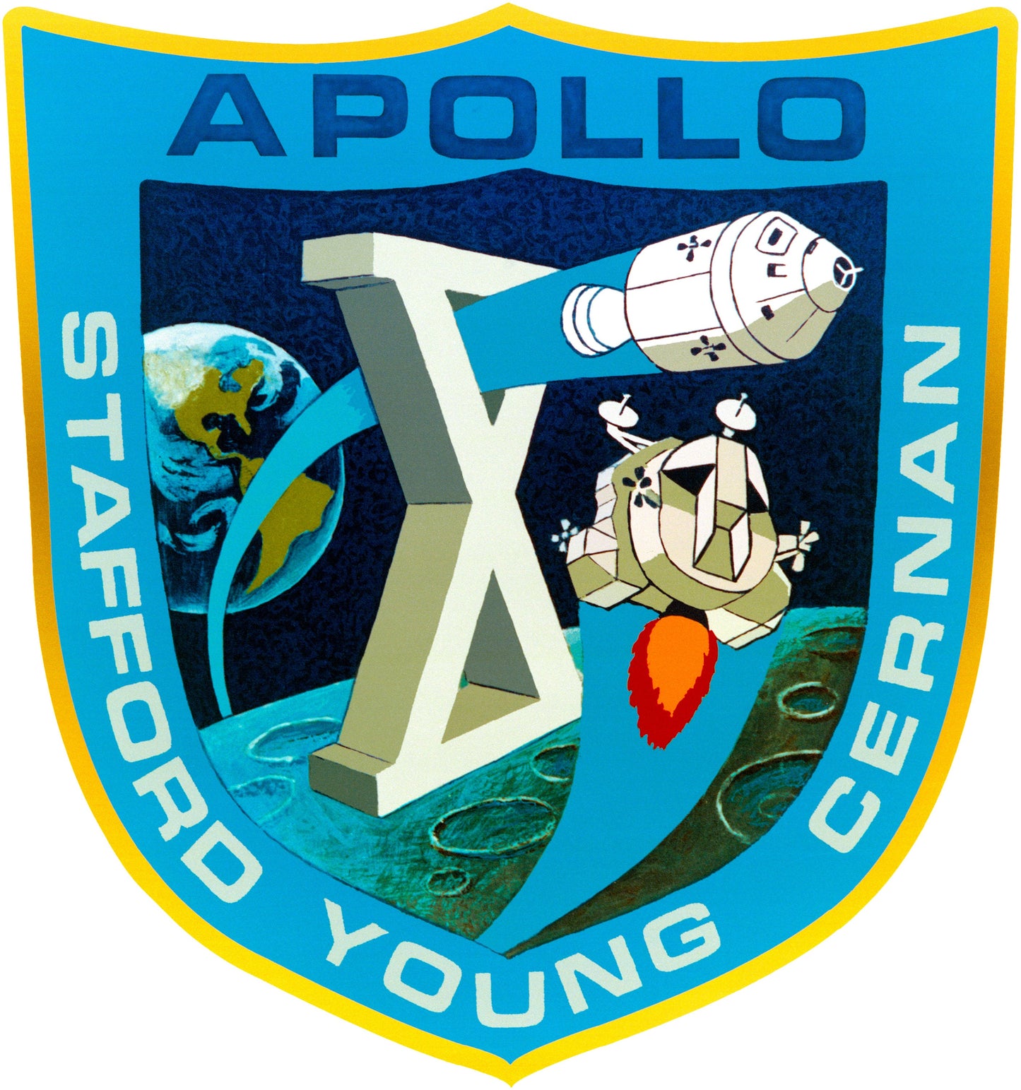 a blue and yellow shield with an image of a space shuttle and a rocket