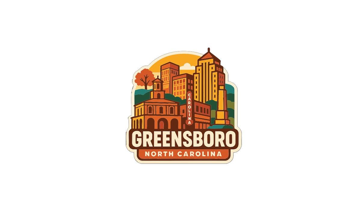 A stylized cityscape with buildings and a sunset in the background, representing the city of Greensboro, North Carolina.
