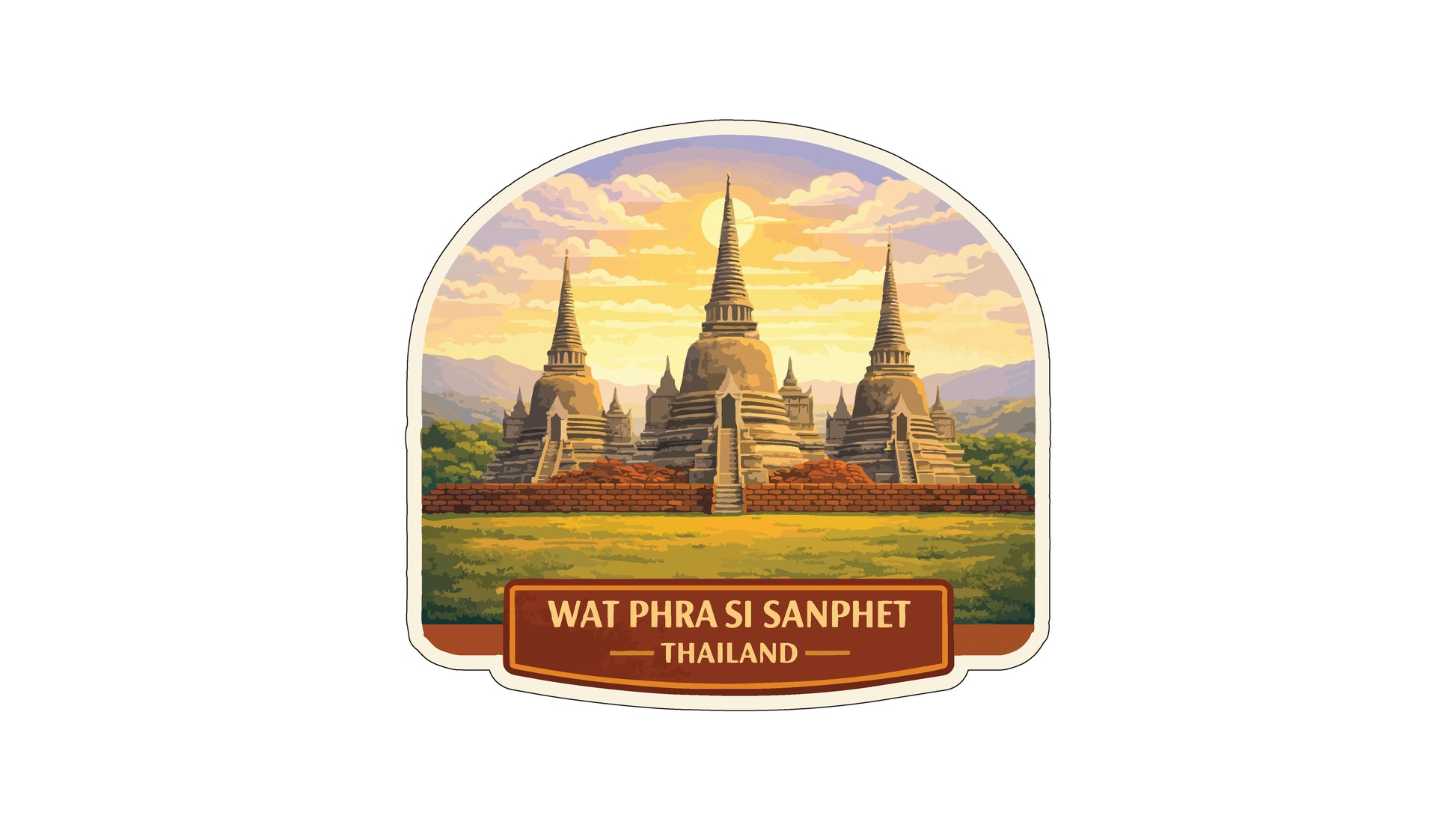 A sticker or label featuring the Wat Phra Sanphet temple in Thailand, with three spires and a sunset in the background.
