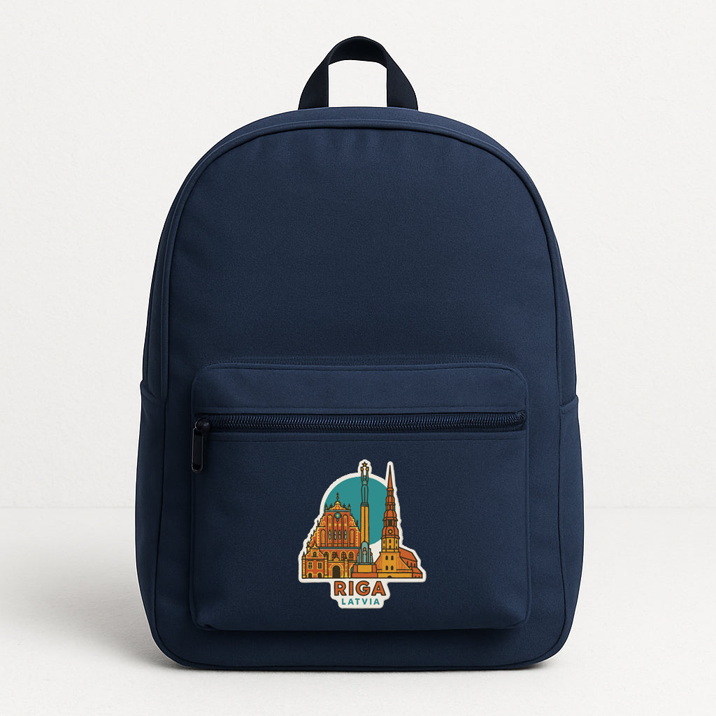A navy blue backpack with a graphic of a city skyline on the front.