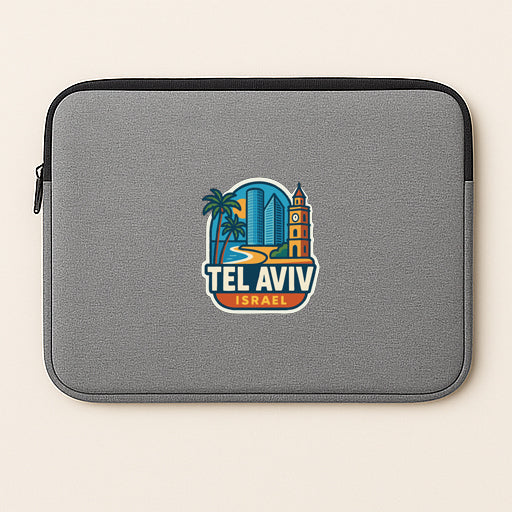 A gray laptop sleeve with a logo of Tel Aviv, Israel, featuring a cityscape and a clock tower.