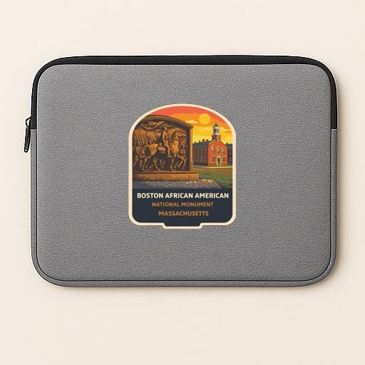a gray laptop sleeve with a sticker depicting a scene from Boston African American National Monument in Massachusetts.