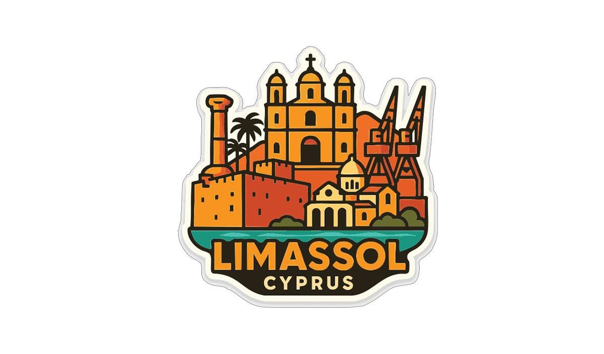 a stylized illustration of the city of Limassol, Cyprus, with various landmarks and buildings depicted in a vibrant, colorful style.