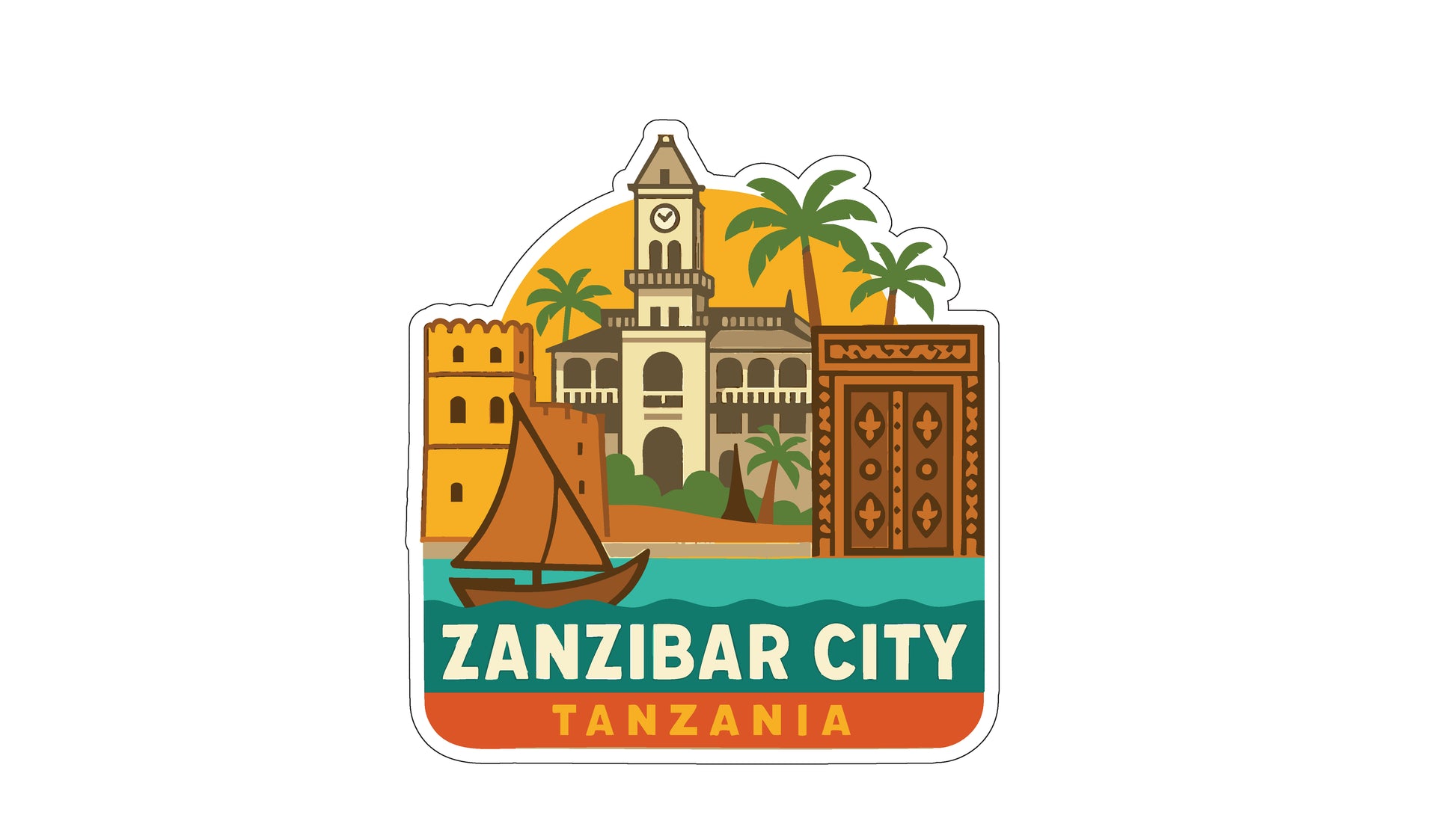 The image is a sticker depicting the city of Zanzibar, Tanzania. It features a clock tower, palm trees, a boat, and a building, all set against a tropical background.