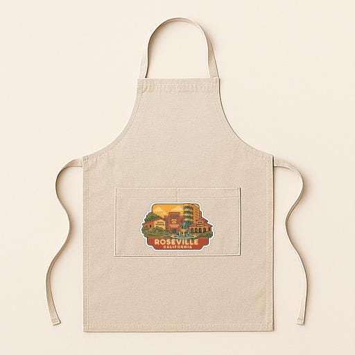 A beige apricot with a graphic design of a building and the text "ROSEVILLE" printed on it.