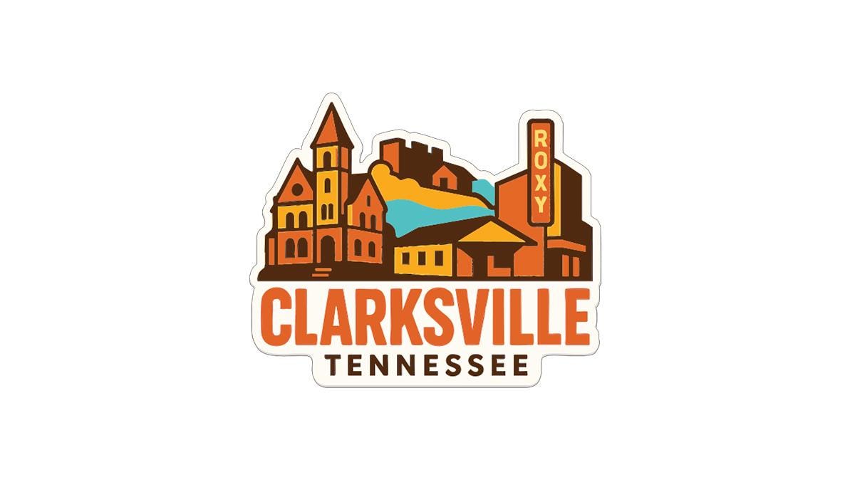 A sticker depicting the cityscape of Clark'sville, Tennessee, with various buildings and landmarks.