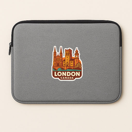 A gray laptop sleeve with a sticker of a city skyline and the text "LONDON CANADA" printed on it.