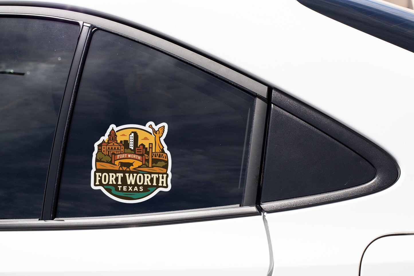 A car window with a sticker on it, featuring a graphic of Fort Worth, Texas.