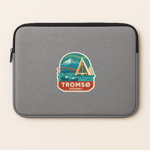 A gray laptop sleeve with a sticker depicting a scenic landscape and the text "TROMSO NORWAY".
