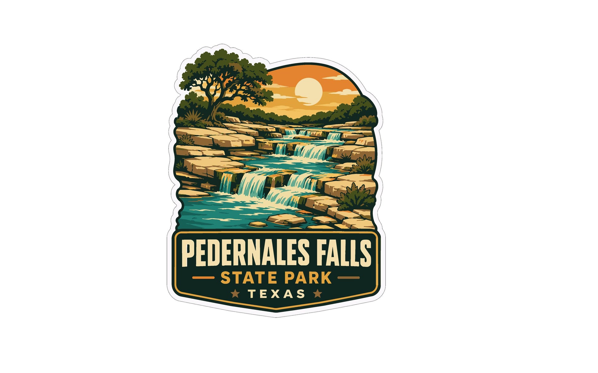 A sticker depicting a scenic landscape with a waterfall, trees, and a sunset sky.