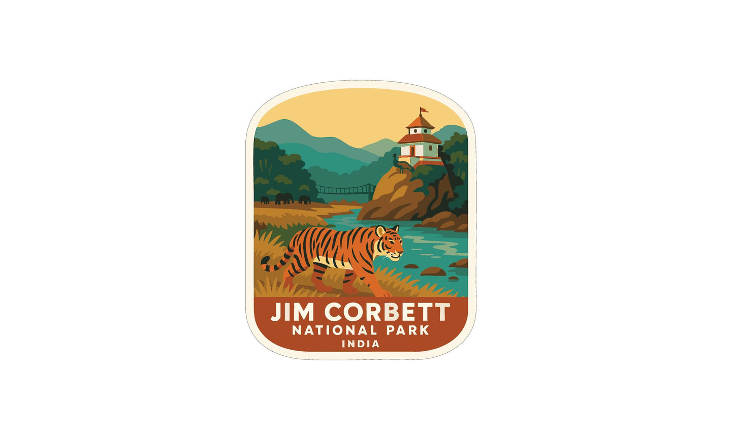 a sticker or label with a tiger walking in front of a mountain and a lighthouse, representing the Jim Corbett National Park in India.