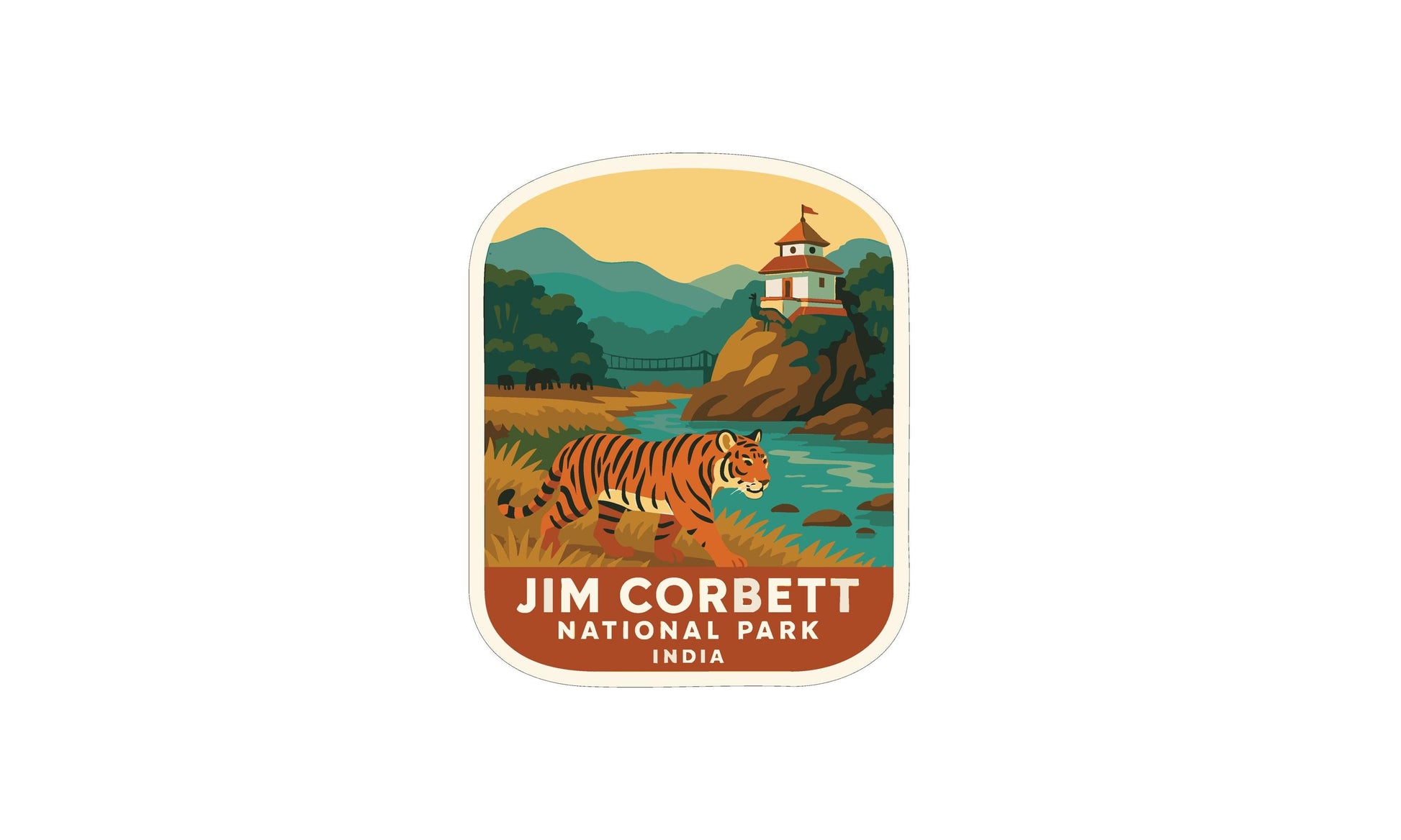 a sticker or label with a tiger walking in front of a mountain and a lighthouse, representing the Jim Corbett National Park in India.