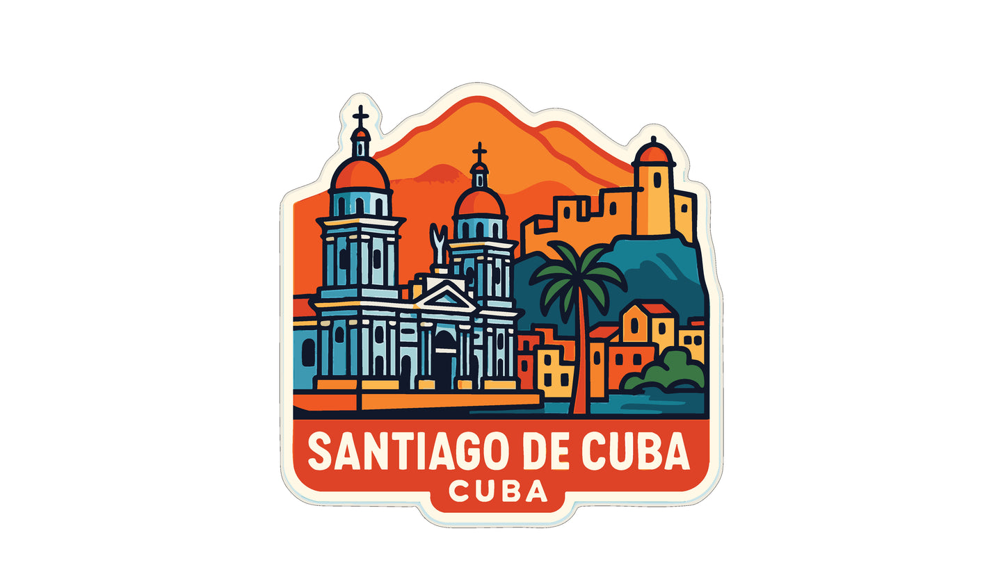 A colorful sticker depicting the skyline of Santiago de Cuba, with the text "SANTIAGO DE CUBA CUBA" prominently displayed.