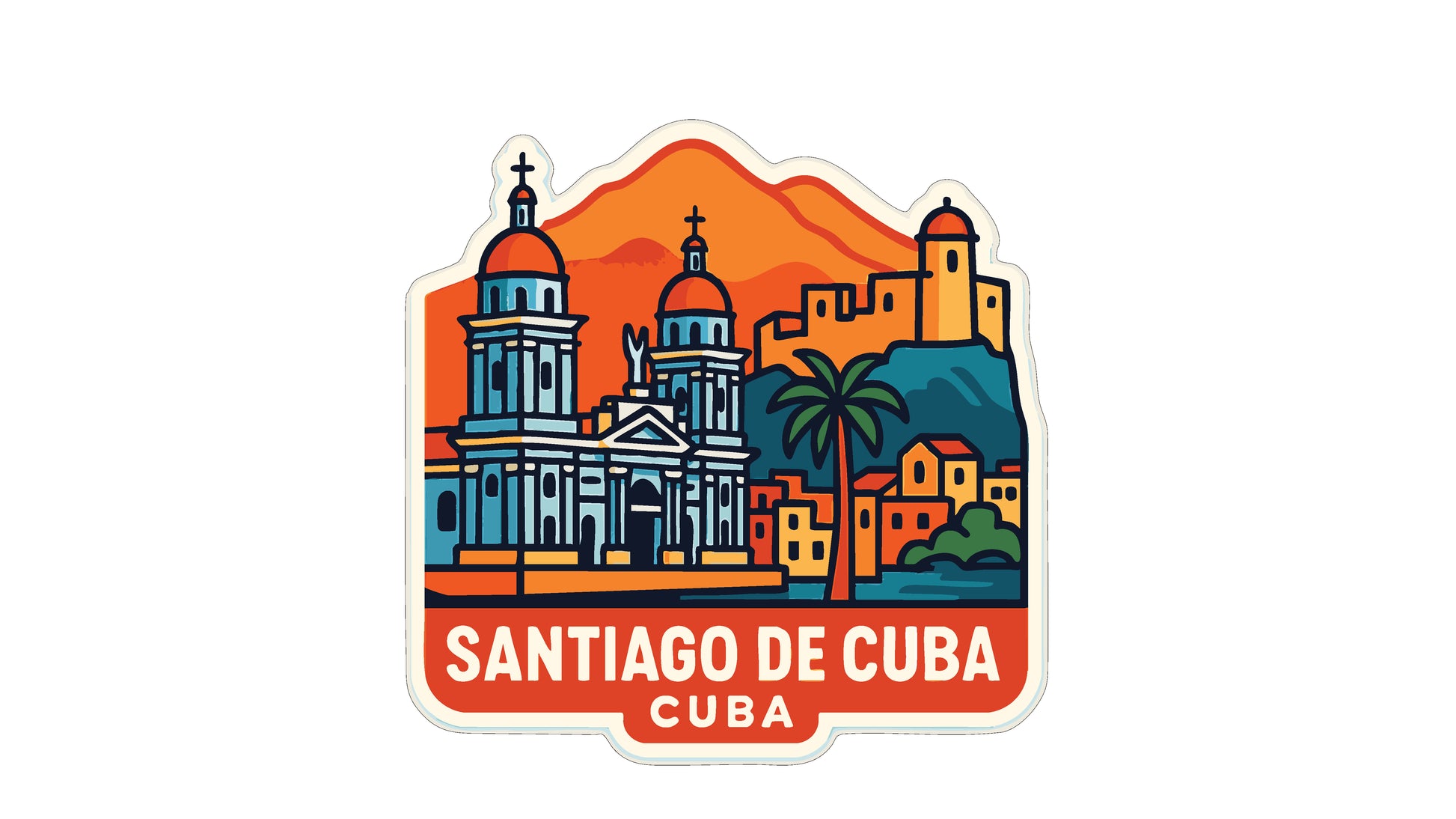 A colorful sticker depicting the skyline of Santiago de Cuba, with the text "SANTIAGO DE CUBA CUBA" prominently displayed.