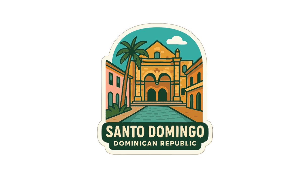a colorful illustration of a building with palm trees, surrounded by a pool and a tropical setting, representing the city of Santo Domingo, the Dominican Republic.