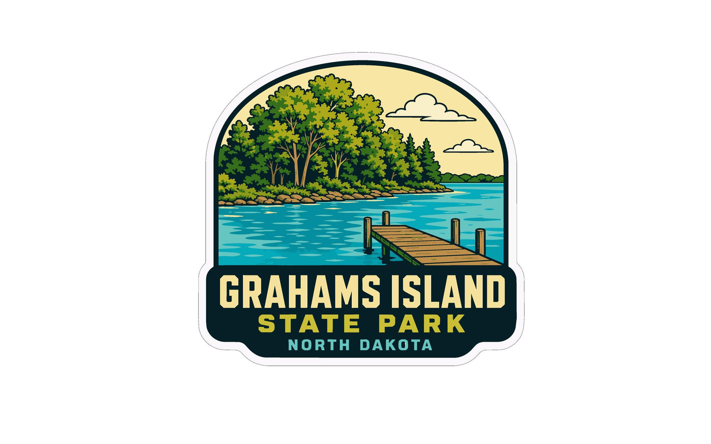 A sticker or logo depicting a scenic view of Grahams Island State Park in North Dakota, featuring a wooden dock extending into a lake surrounded by trees and a cloudy sky.
