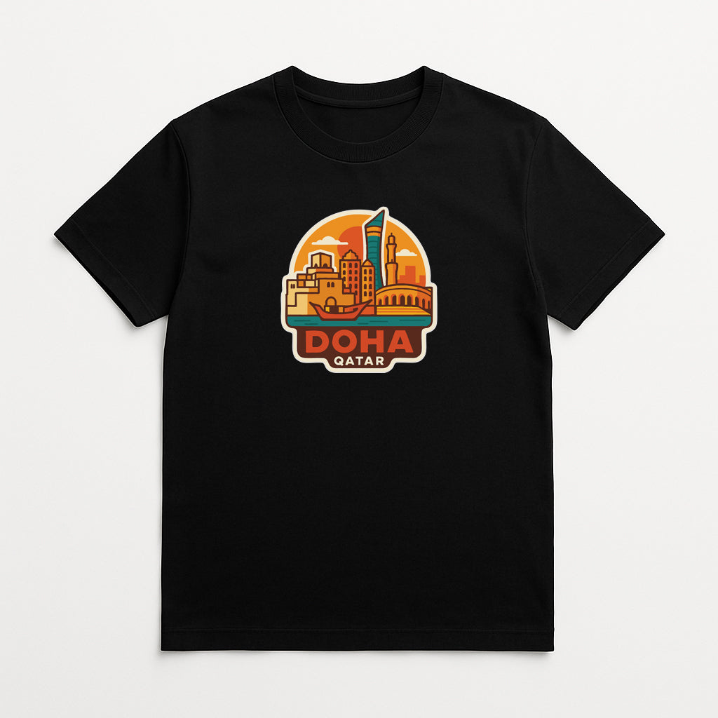 A black t-shirt with a graphic design depicting the cityscape of Doha, Qatar.