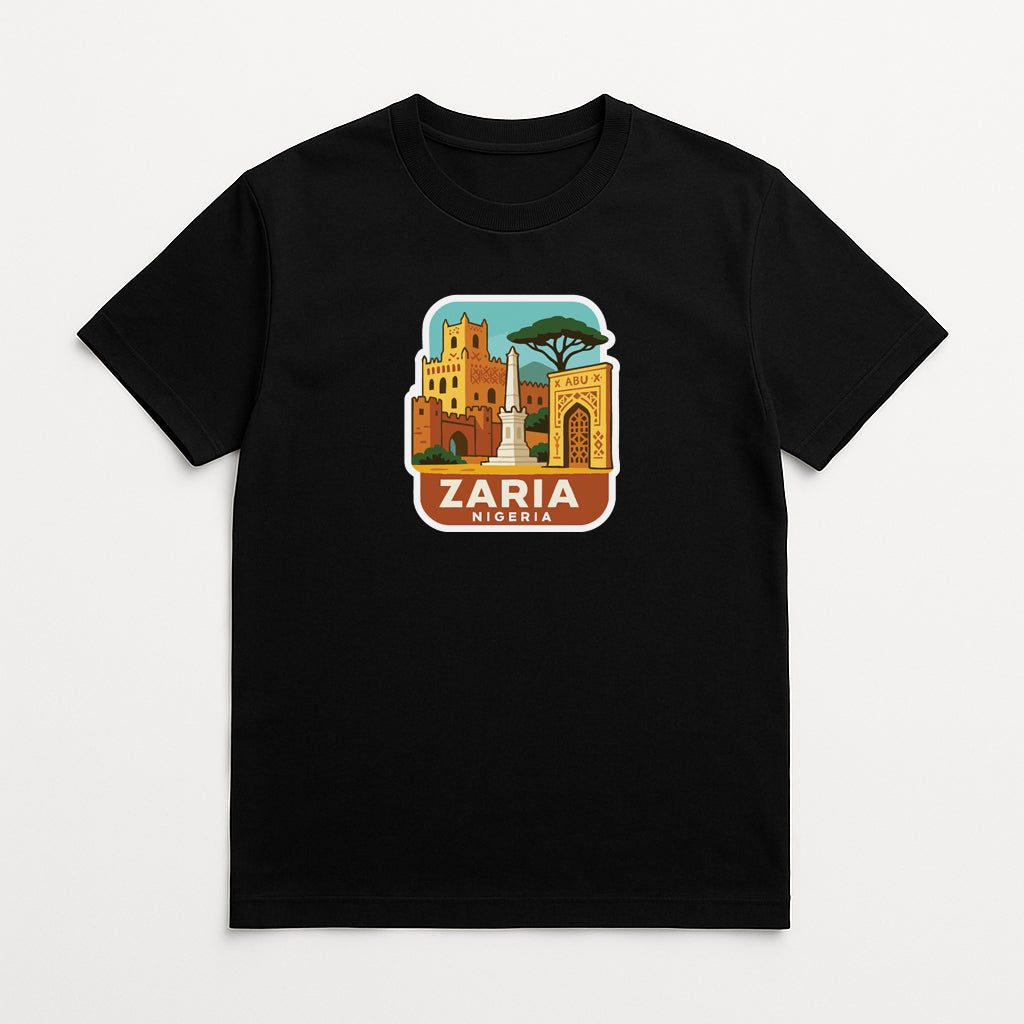 A black t-shirt with a graphic design depicting a cityscape and the text "ZARIA NIGERIA" printed on it.