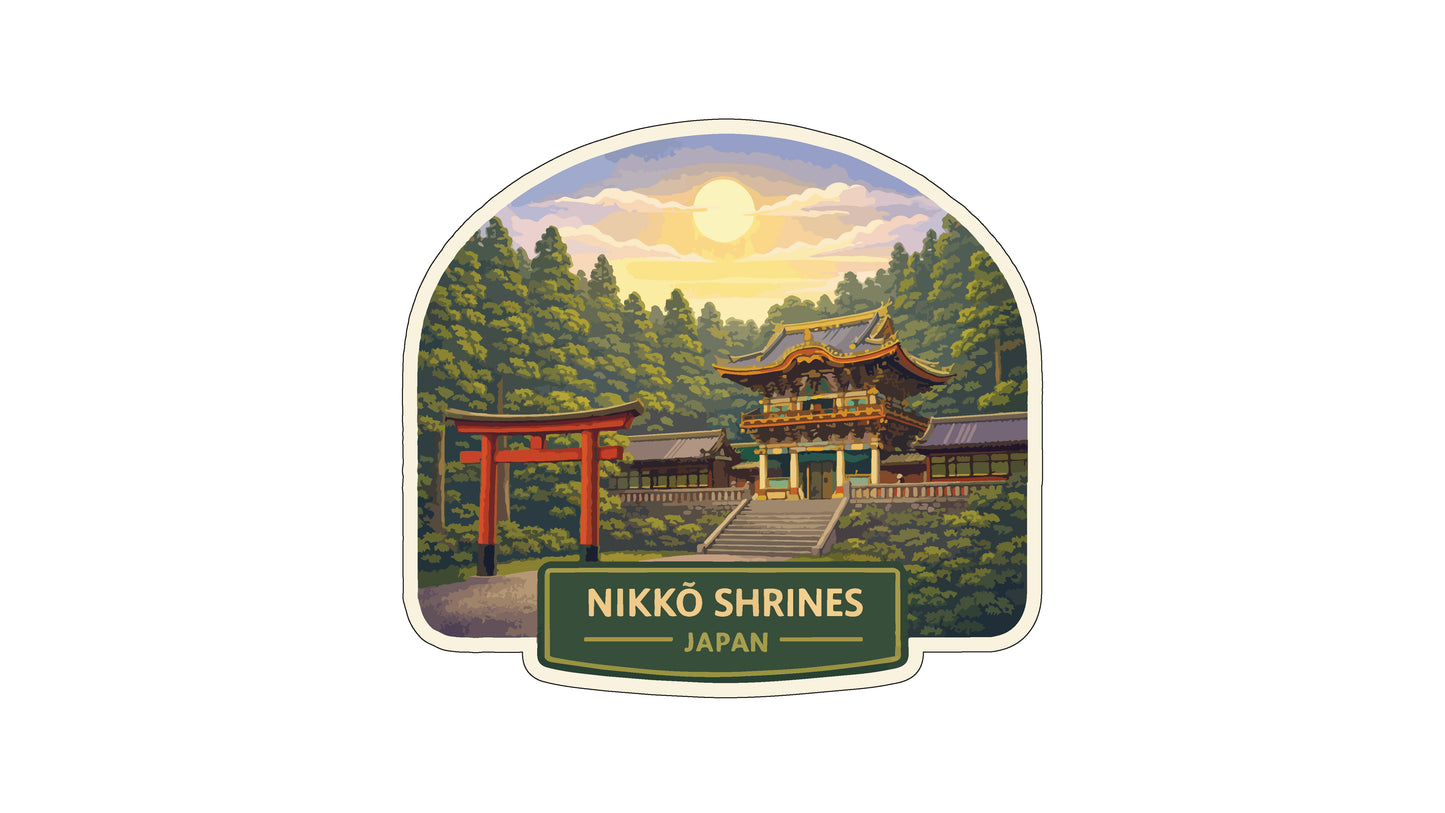 A sticker or label depicting the Nikko Shrines in Japan, featuring a traditional Japanese temple surrounded by lush greenery and a red torii gate.