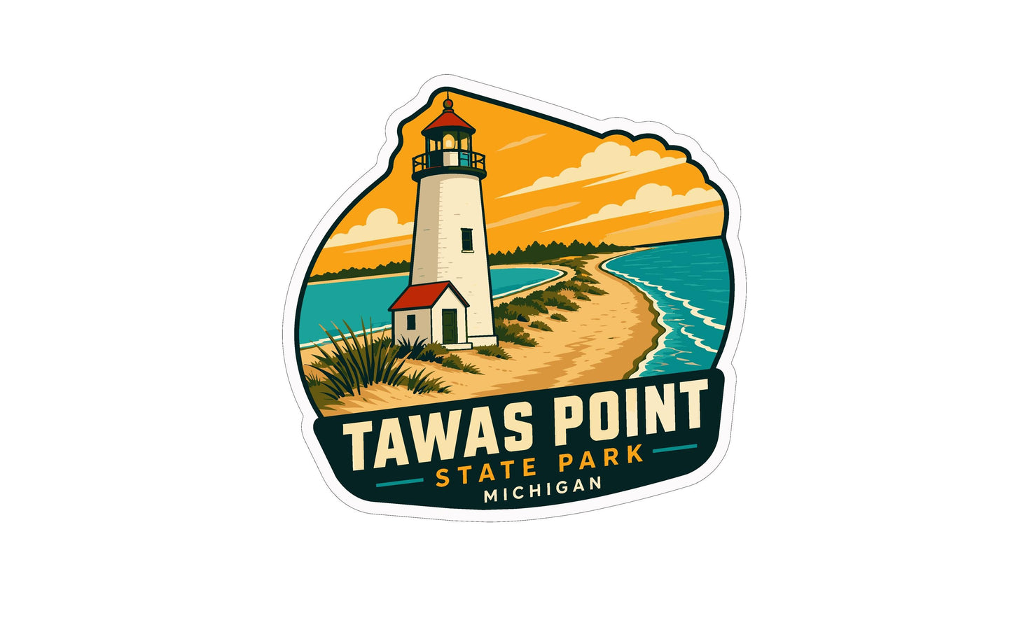 A sticker or logo depicting a lighthouse on a beach with a sunset in the background, representing the Tawas Point State Park in Michigan.