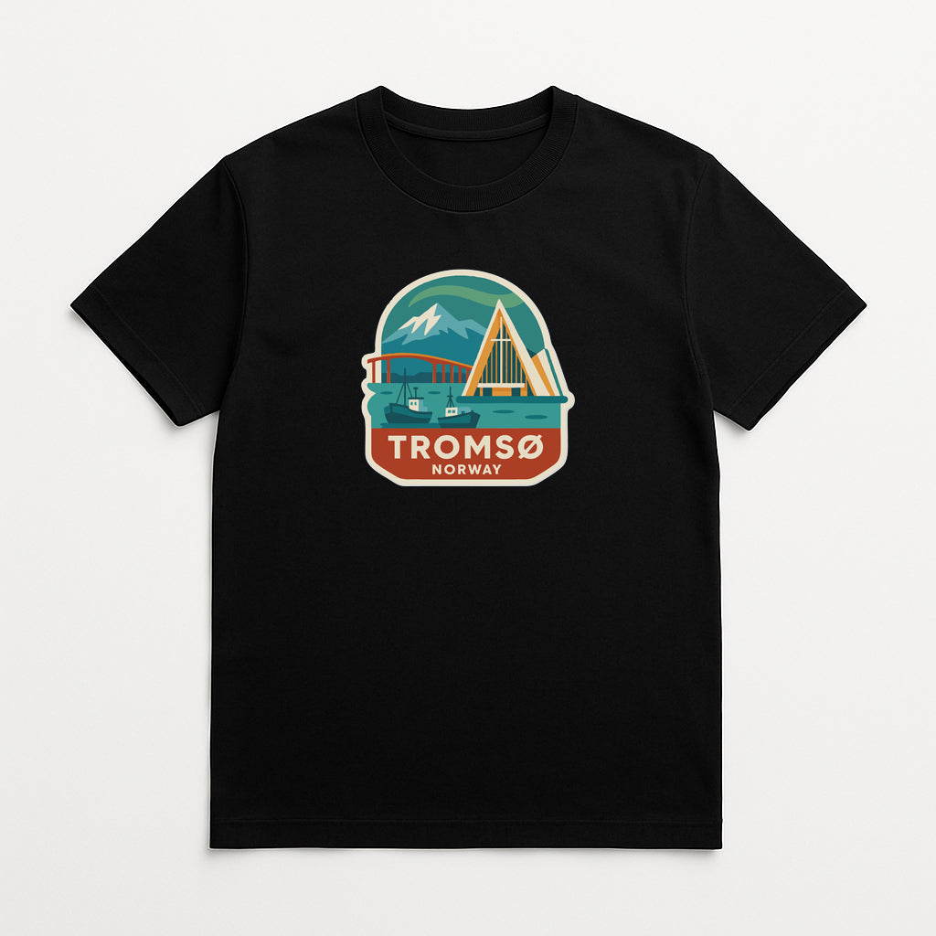 A black t-shirt with a graphic design depicting a mountain landscape, a train, and a bridge, along with the text "TROMSO NORWAY".