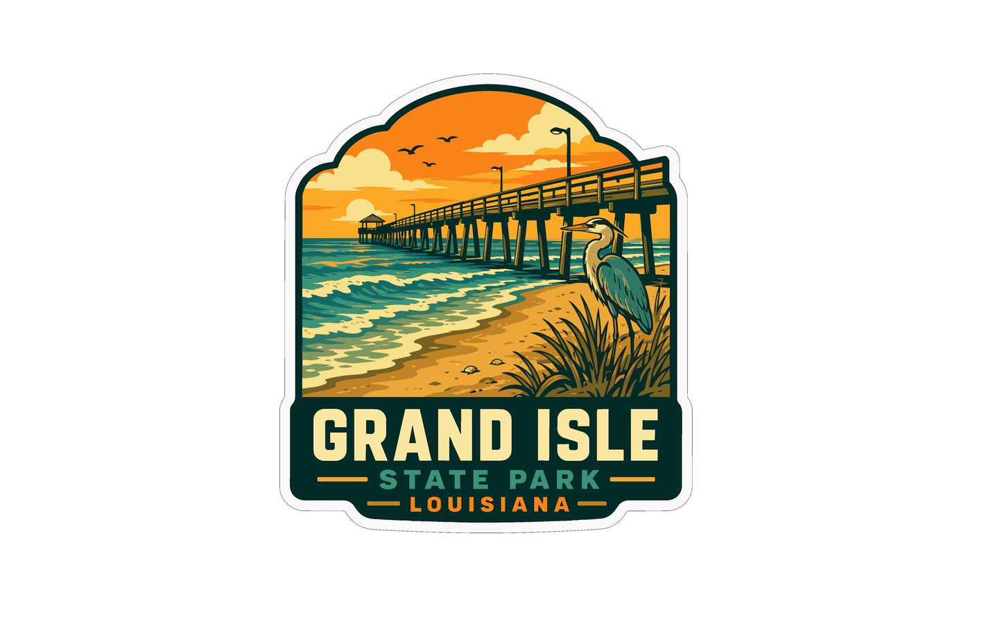 A sticker depicting a pier overlooking a beach and ocean, with a sunset in the background.