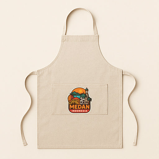 A beige apricot with a graphic design featuring a cityscape and the text "MEDAN INDONESIA" printed on it.