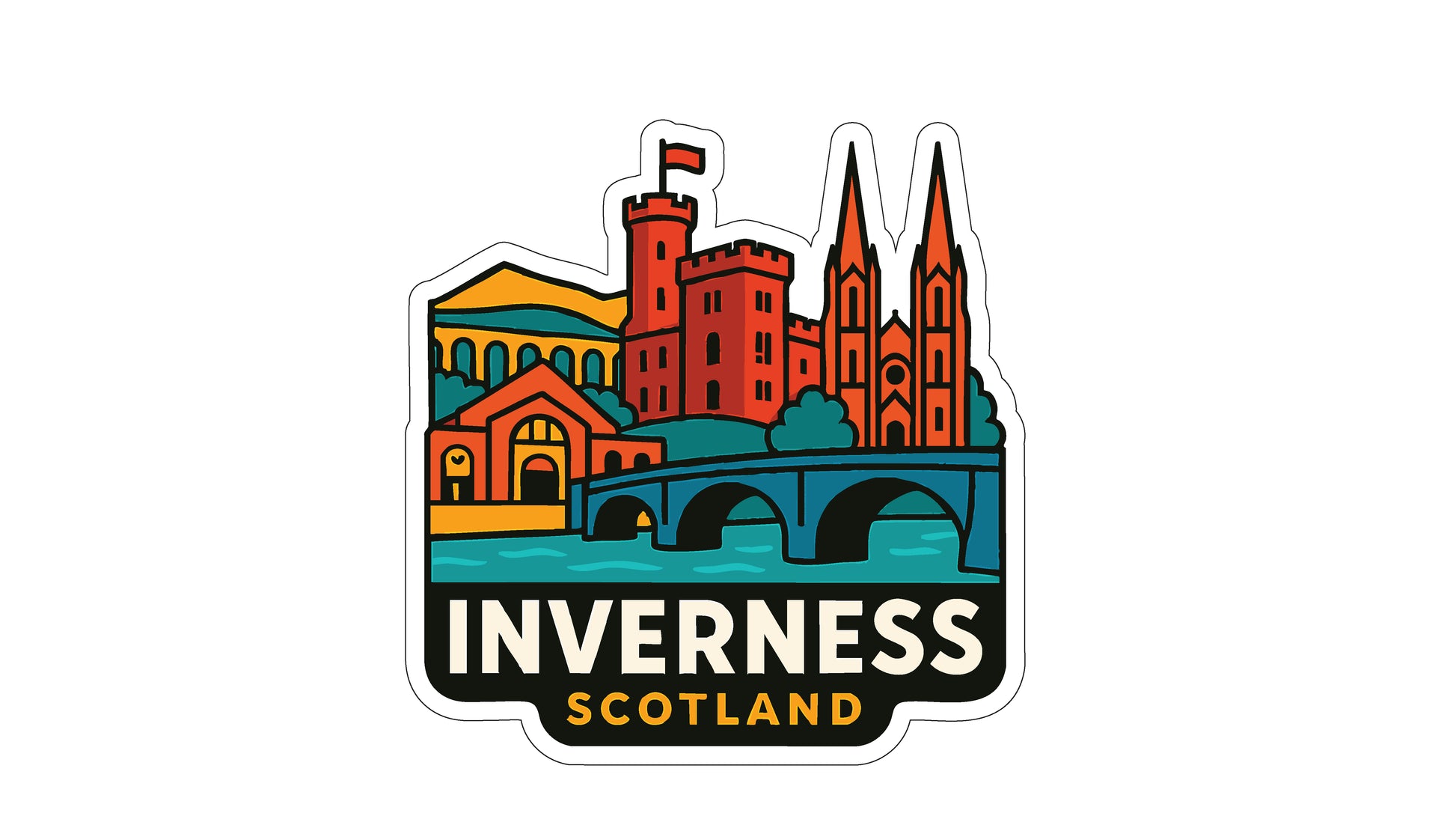 A sticker depicting the Inverness, Scotland skyline, with a castle, cathedral, and bridge in the background.