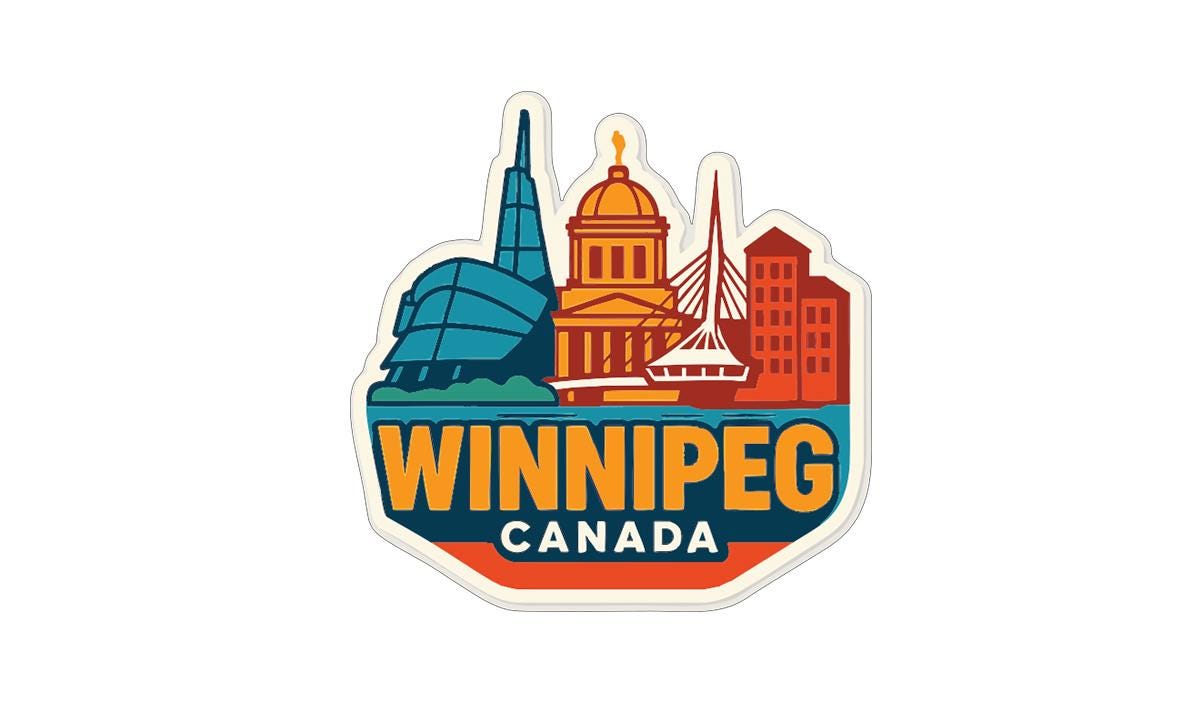 A sticker or emblem featuring the skyline of Winnipeg, Canada, with various iconic buildings and landmarks.