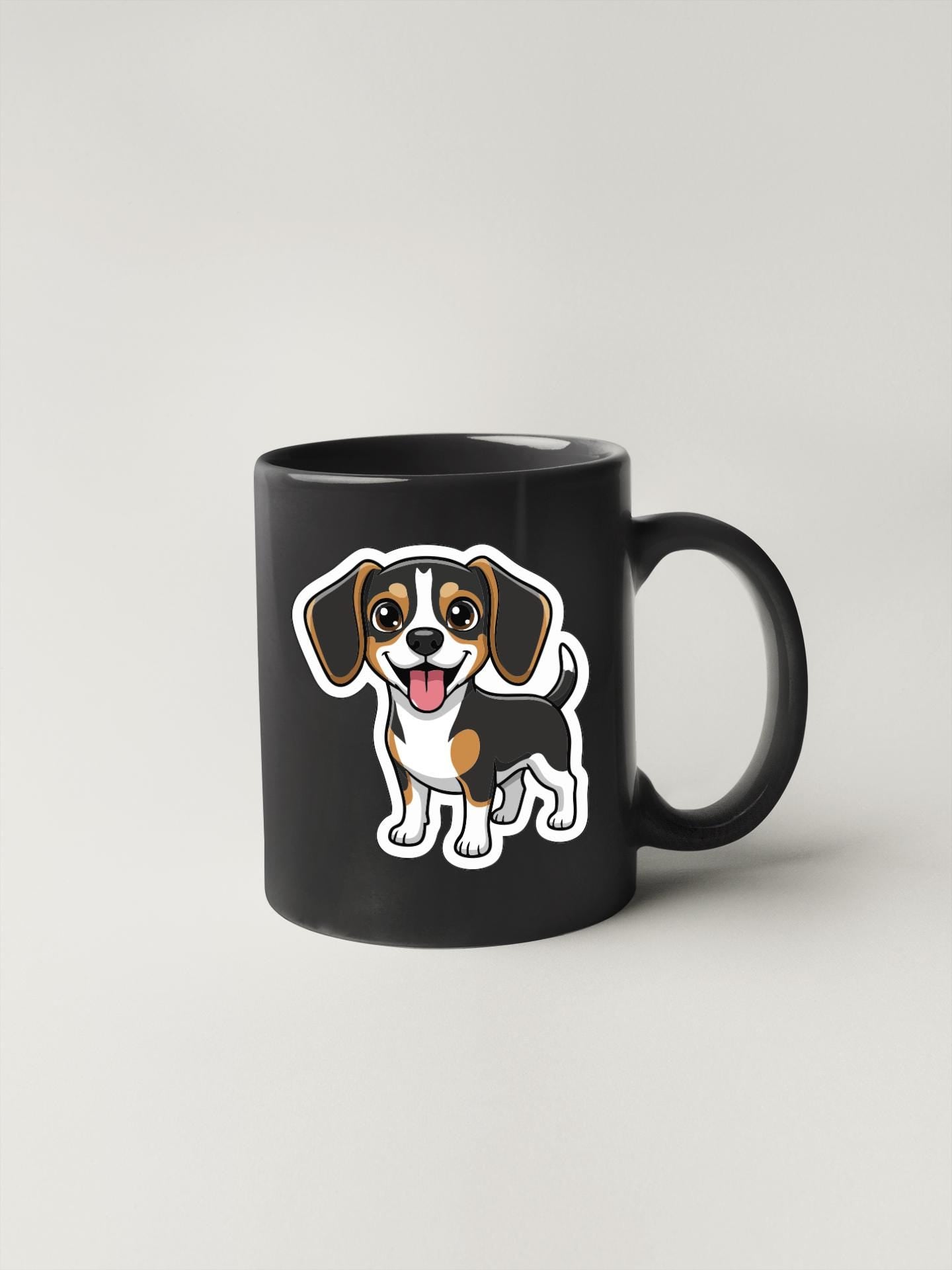 A black coffee mug with a cartoon image of a beagle dog on it.