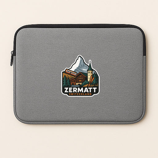 A gray laptop sleeve with a sticker depicting a mountain landscape and the text "ZERMATT SWITZERLAND".