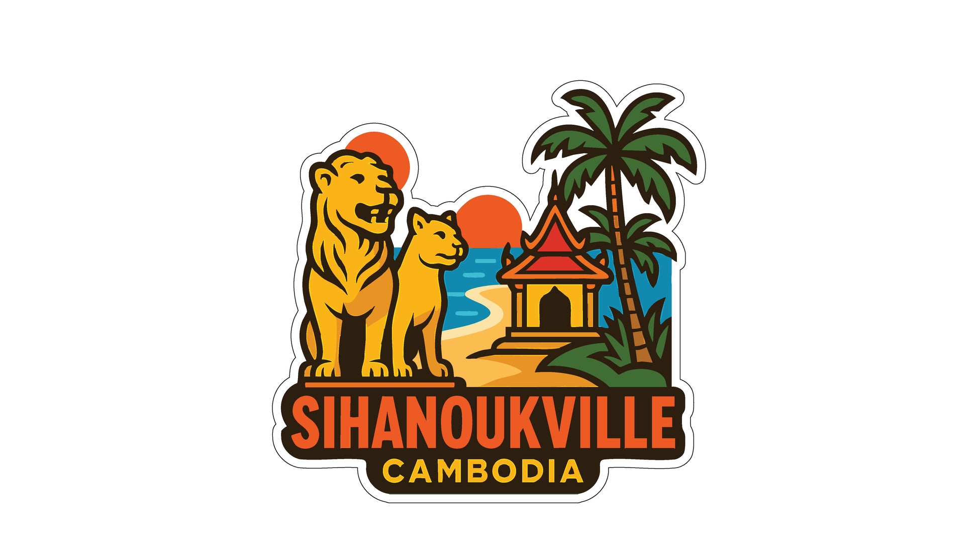 a stylized illustration of a lion and a palm tree, with a tropical beach and sunset in the background, along with the text "Sihanoukville Cambodia" prominently displayed.