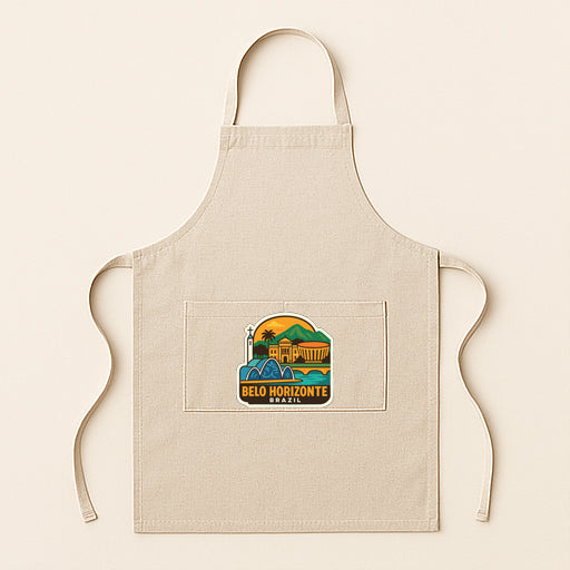 A beige apricot with a graphic design on the front pocket, featuring a tropical landscape with palm trees and mountains.
