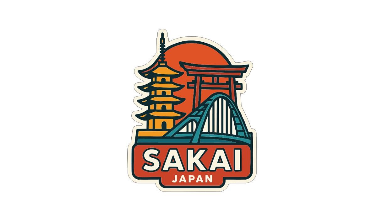 a sticker or emblem with various Japanese landmarks and text, including a pagoda, a torii gate, and the word "SAKAI" prominently displayed.