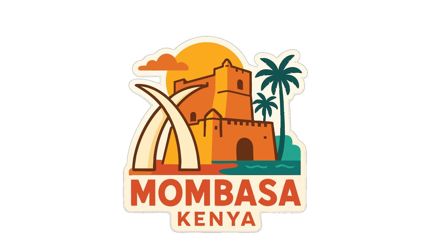 a stylized illustration of a building with a palm tree and a sunset in the background, accompanied by the text "Mombasa Kenya" in the center.
