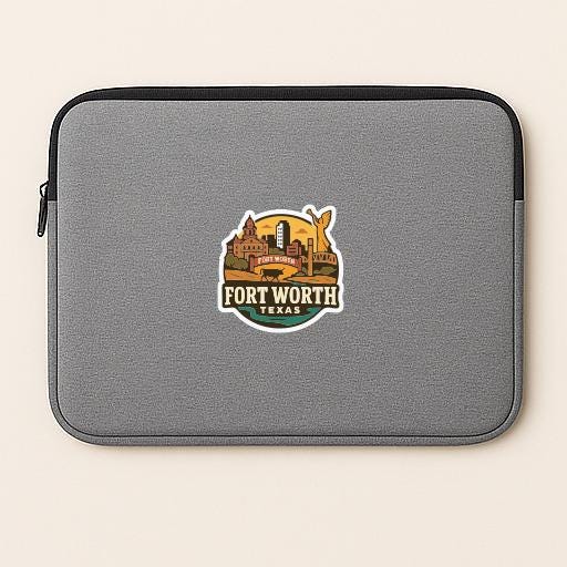 a gray laptop sleeve with a sticker of Fort Worth, Texas, which is a city in the state of Texas.