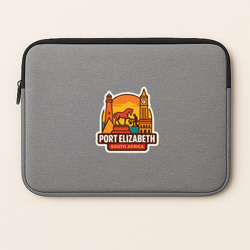 A gray laptop sleeve with a graphic design featuring the city of Port Elizabeth, South Africa.