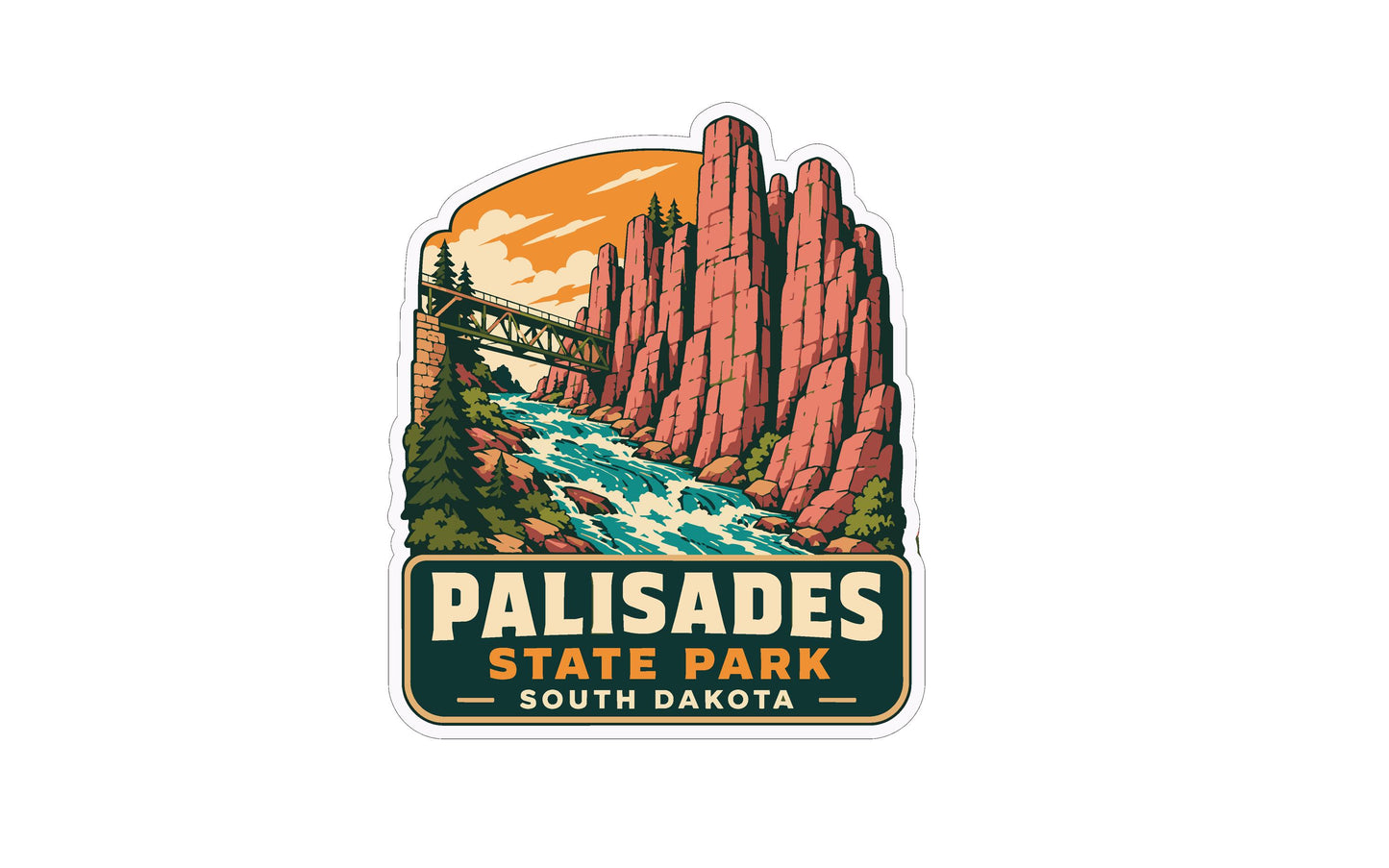A sticker depicting a scenic landscape with a river, mountains, and a bridge, with the text "Palisades State Park - South Dakota" prominently displayed.