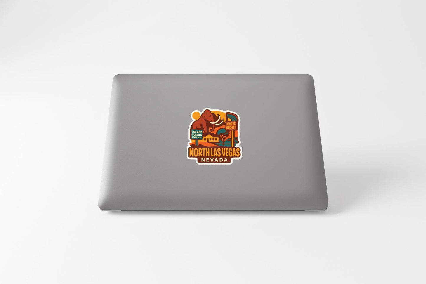 a sticker or decal of North Las Vegas, Nevada, on the back of a laptop computer.