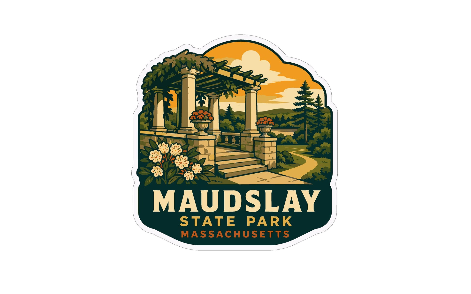 a logo for the state park called "Maudslay State Park, Massachusetts".