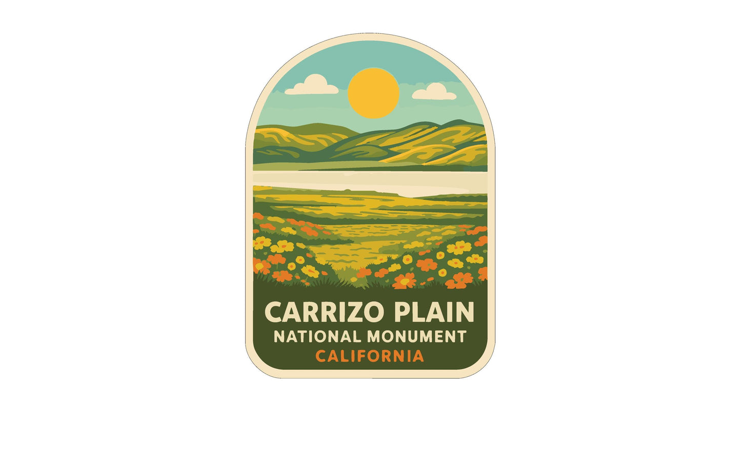 a sticker or label with a landscape scene depicting Carrizo Plain National Monument in California.