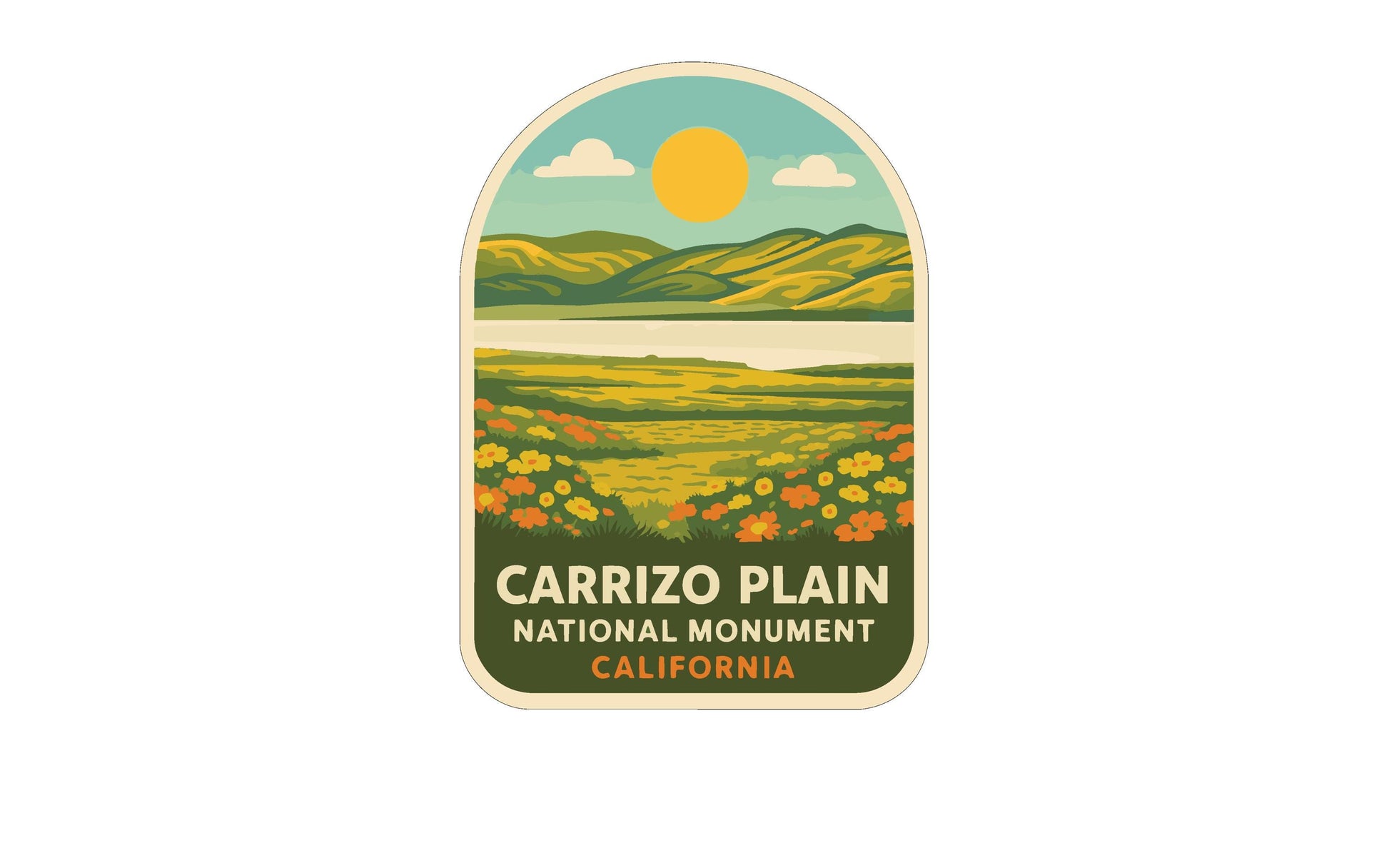 a sticker or label with a landscape scene depicting Carrizo Plain National Monument in California.