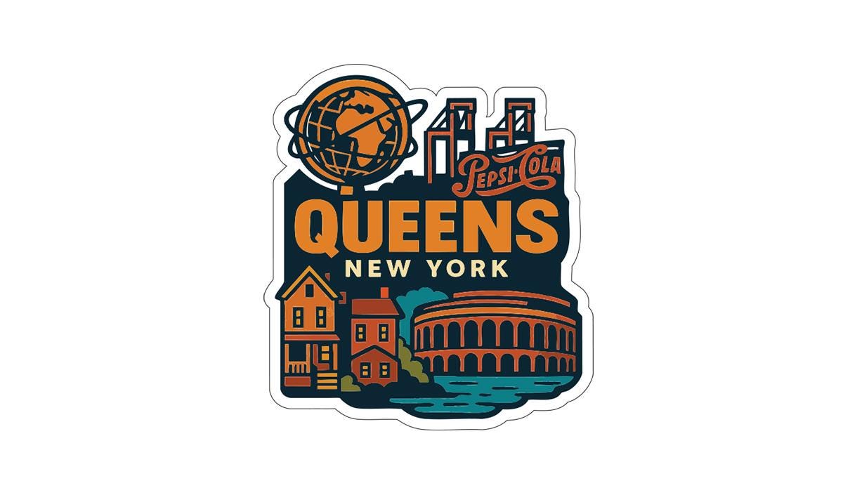A sticker or logo featuring various iconic landmarks and symbols associated with New York City, including the Pepsi Cola logo, the Empire State Building, and the Statue of Liberty, along with the text "Queens New York".