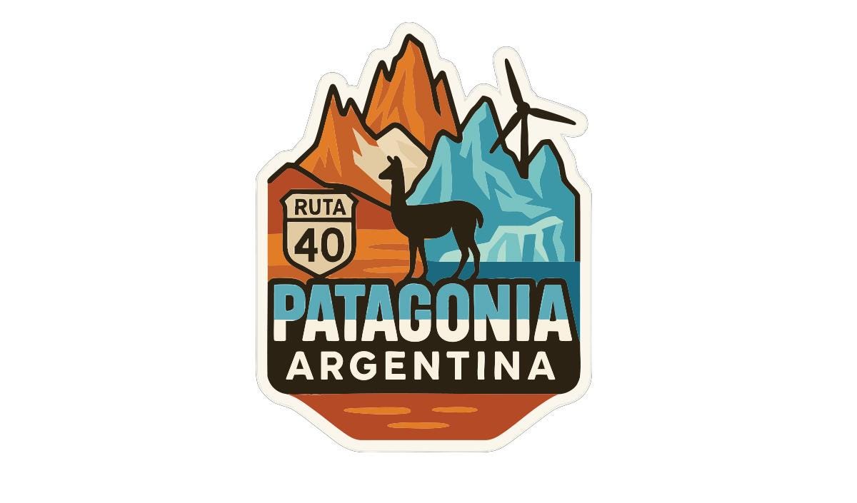 a colorful sticker or emblem with a mountain landscape, a llama, and a wind turbine, along with the text "RUTA 40" and "PATAGONIA ARGENTINA".