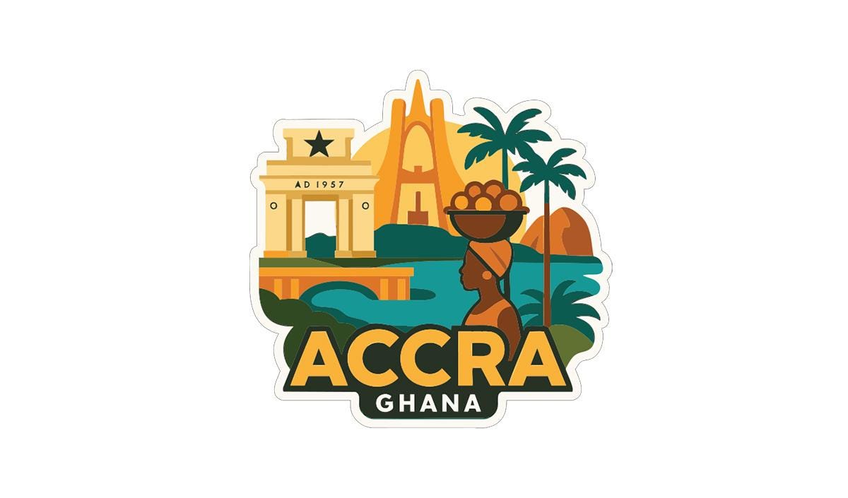a stylized illustration of Accra, Ghana, with various landmarks and elements representing the city.