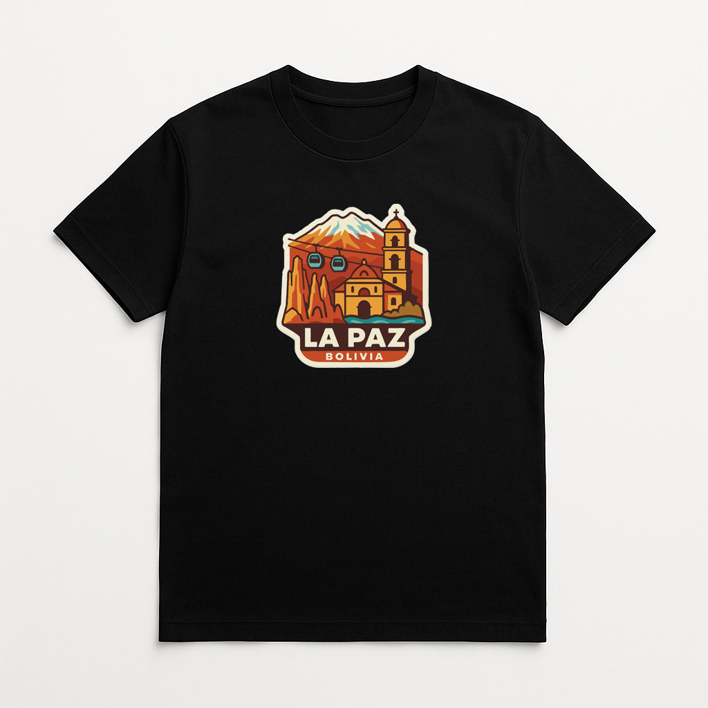 A black t-shirt with a graphic design depicting a building and mountain in the background, along with the text "LA PAZ BOLIVIA" printed on it.