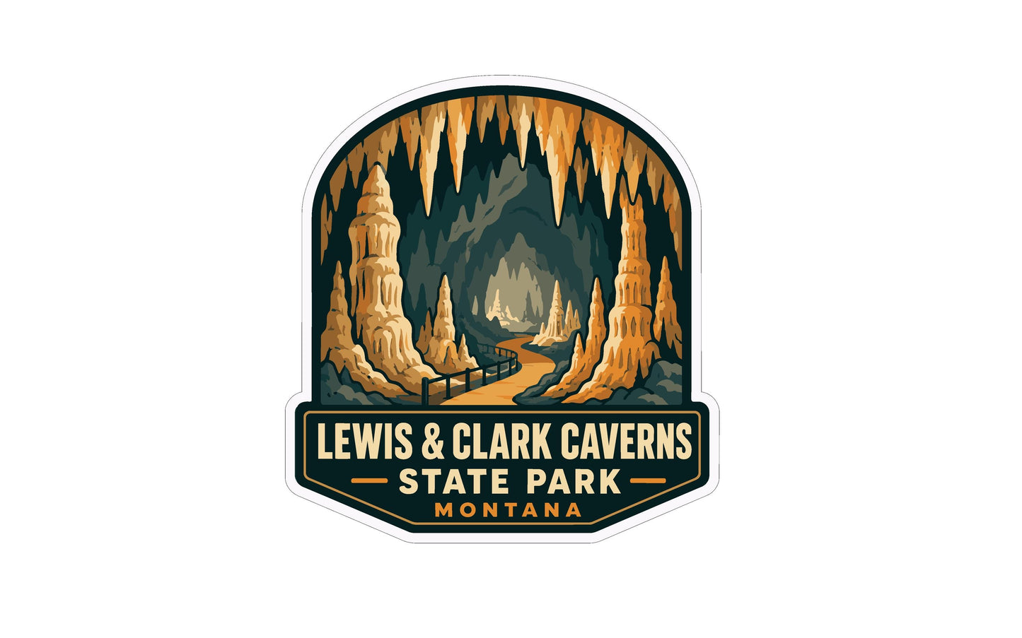 A sticker or emblem featuring an illustration of the Lewis and Clark Caves in Montana, with a winding path leading through the cave system.
