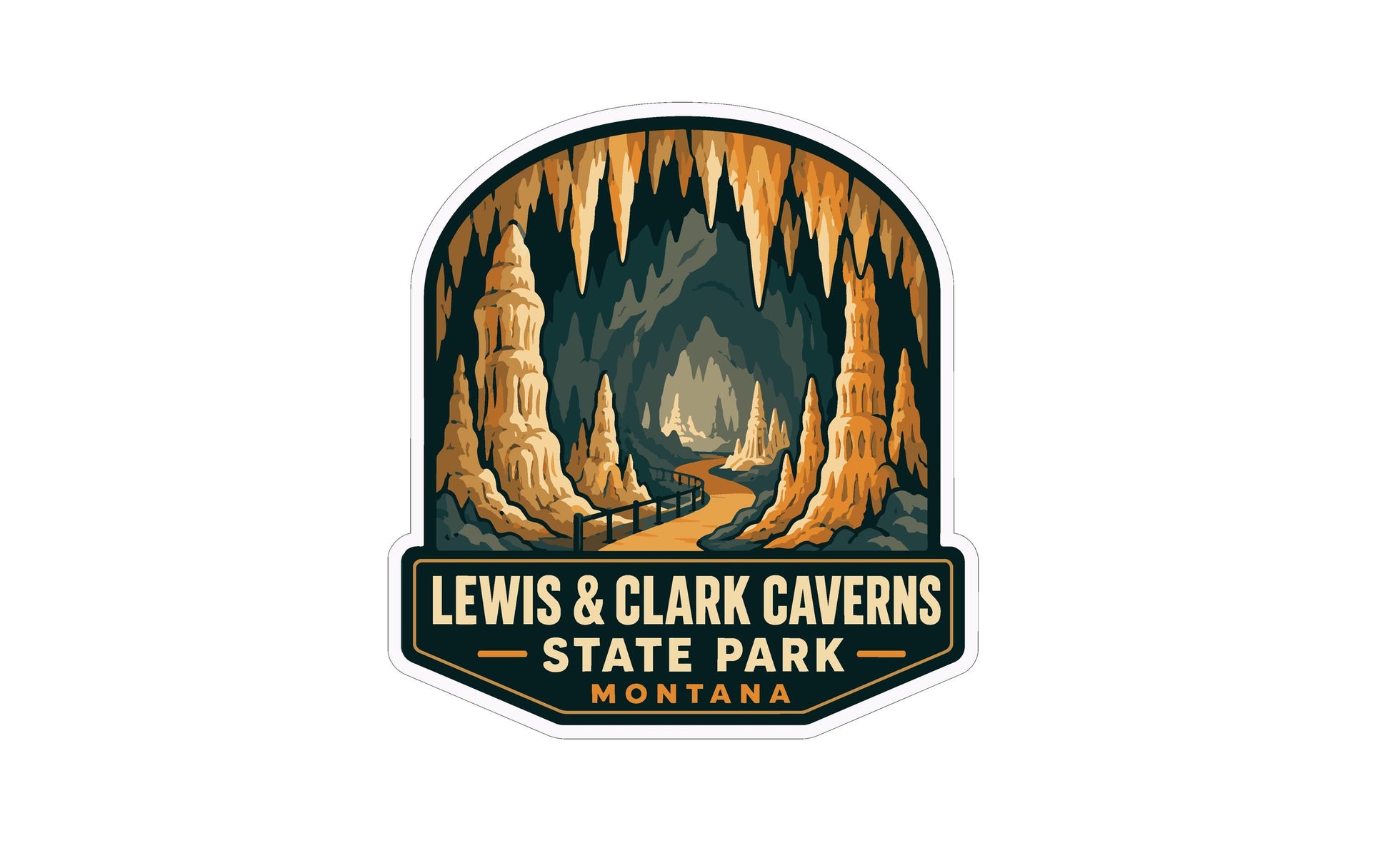 A sticker or emblem featuring an illustration of the Lewis and Clark Caves in Montana, with a winding path leading through the cave system.